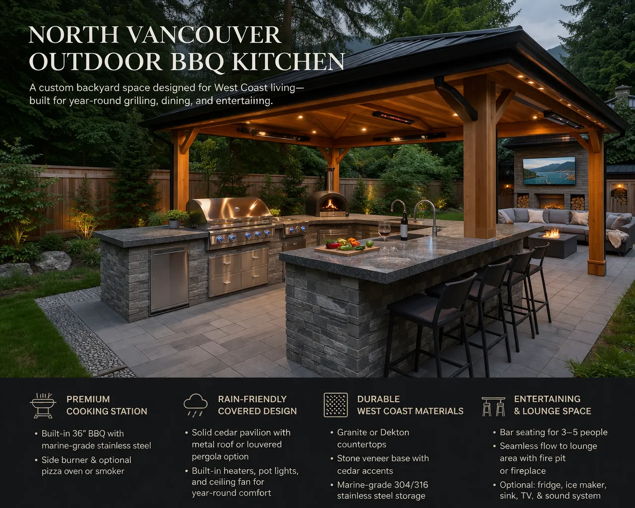North Vancouver outdoor BBQ kitchen design with cedar pavilion, built-in grill, and granite countertops for year-round West Coast entertaining
