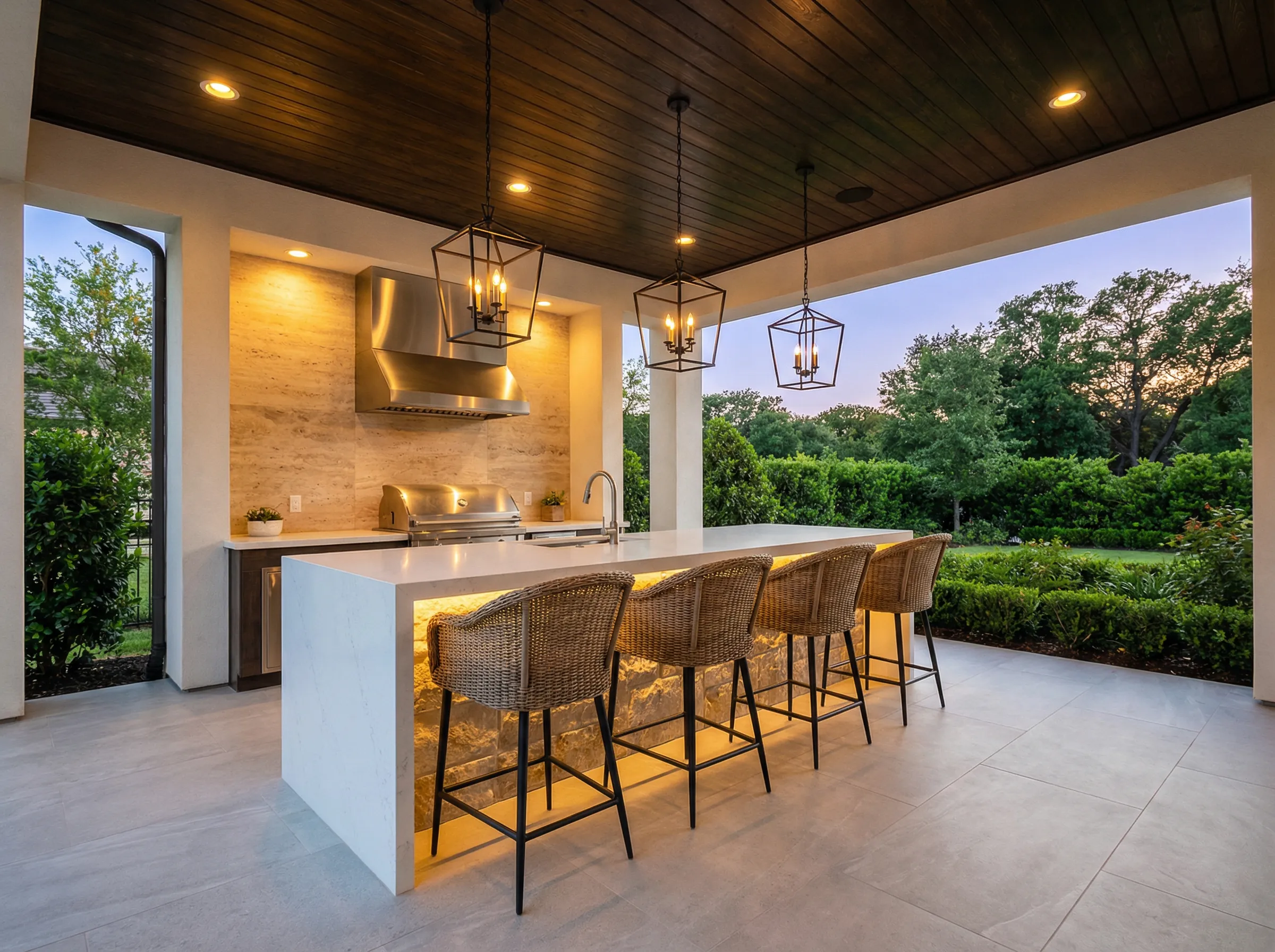 Covered outdoor kitchen with lantern pendant lights and stone island bar showcasing evening ambiance in a BC home