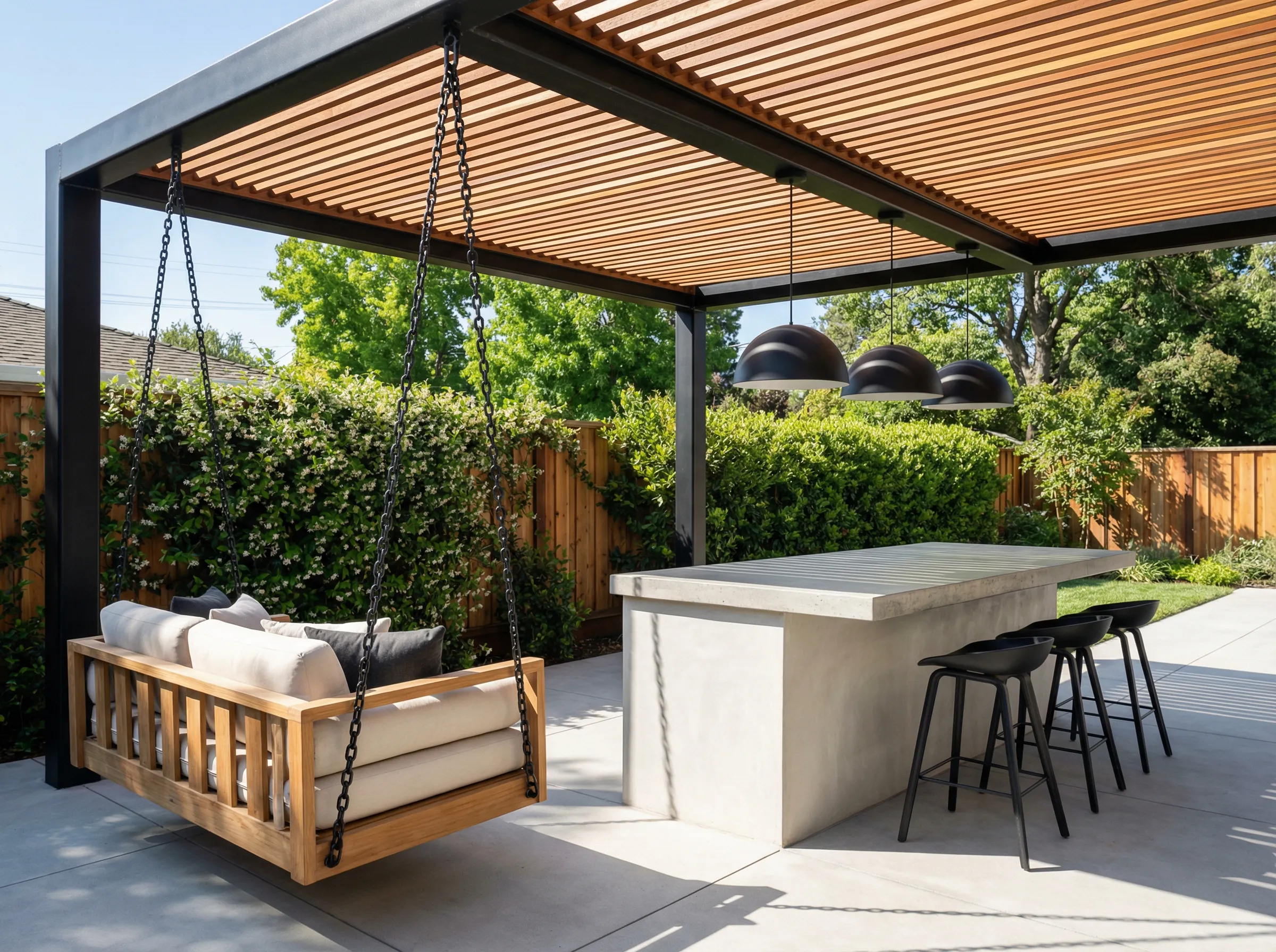 Louvered pergola with hanging swing seat and concrete bar counter creating outdoor living zones for BC homeowners