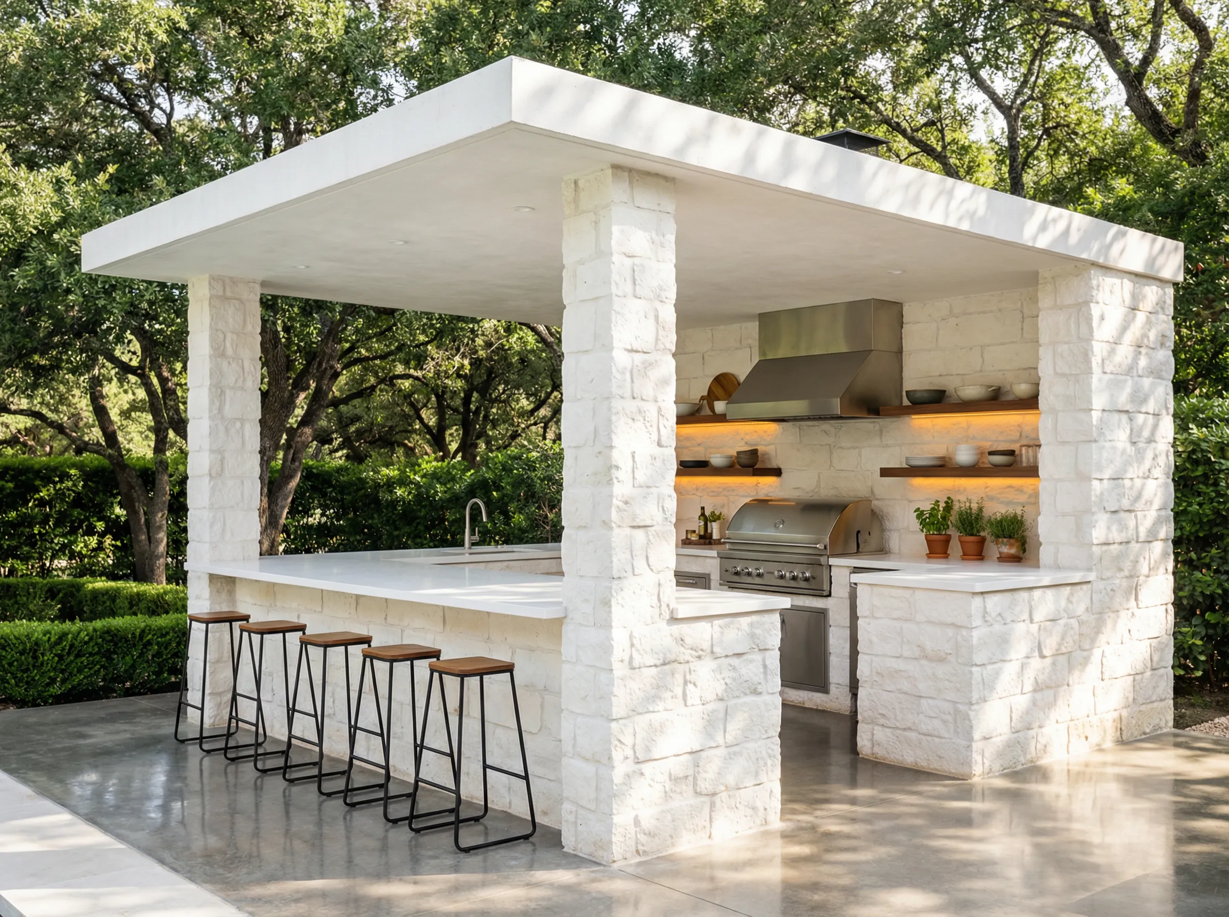 White stone pavilion outdoor kitchen with built-in BBQ grill and bar seating for BC backyard entertaining