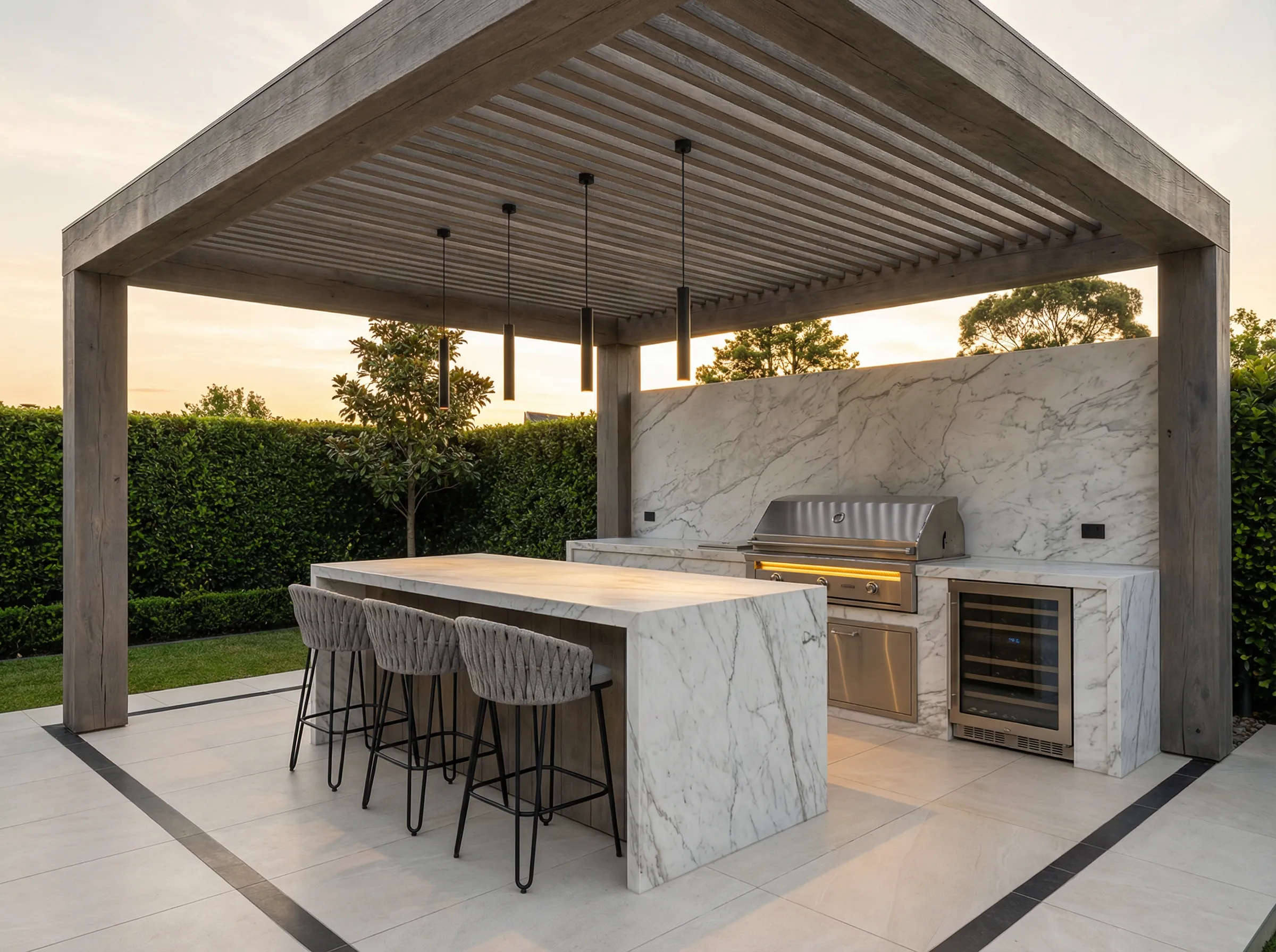 Wood pergola outdoor kitchen with marble island countertop and built-in BBQ at golden hour in a BC backyard