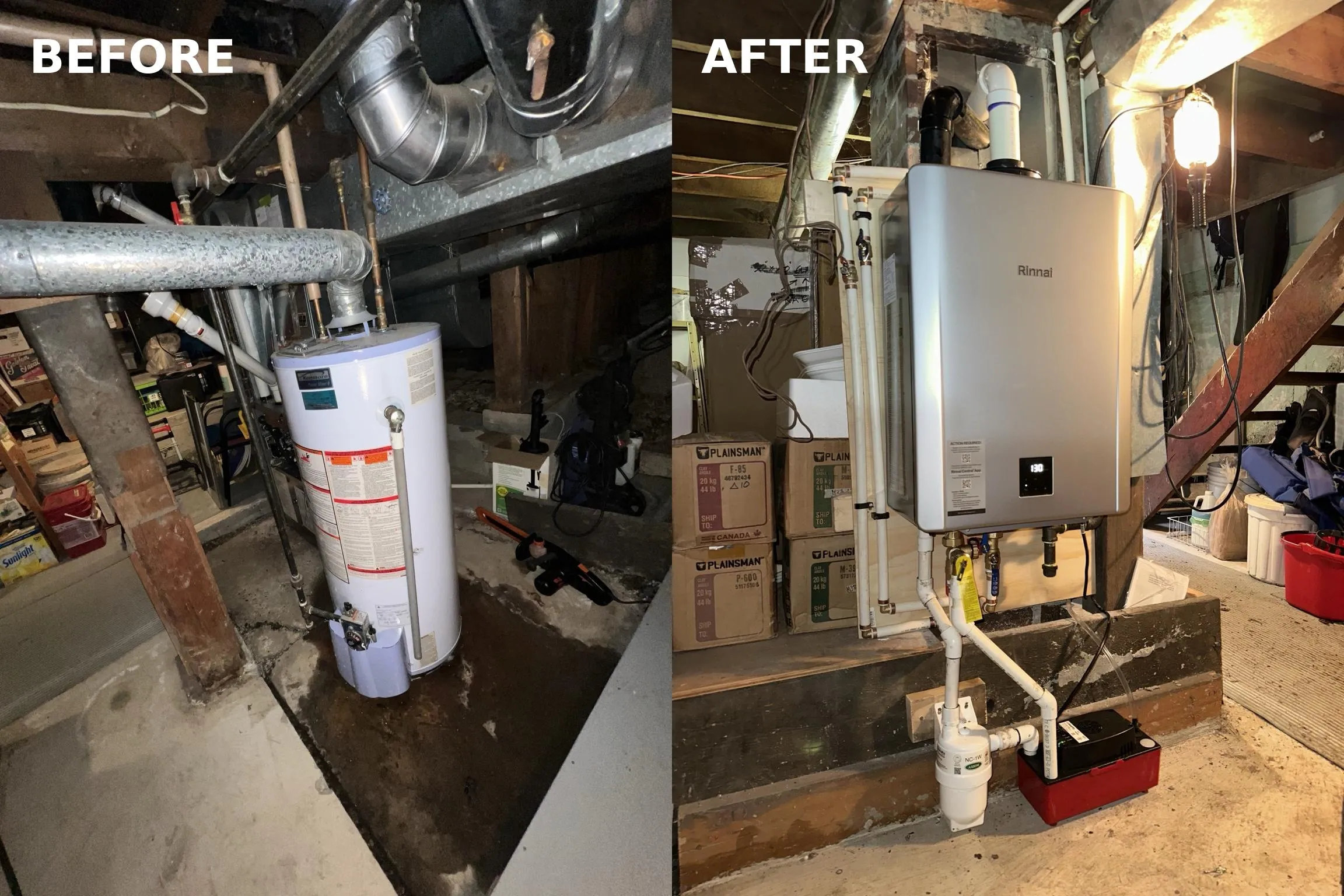 Before and after tankless water heater upgrade in West Vancouver home - old tank removed, Rinnai wall-mounted unit installed by Budget Heating